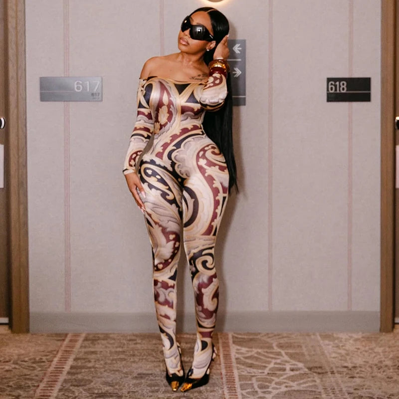 CUTENOVA Fall New Colorful Printed Women'S Jumpsuit  One-Shoulder Strapless Long Sleeves Slim Fit Elastic Ankles Jumpsuit Female