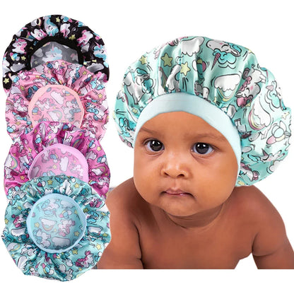 New Baby Unicorn Cartoon Print Satin Night Sleep Cap Elastic Wide Band Bonnet Hair Cover Hat Beanie Salon Bath Spa Shower Caps