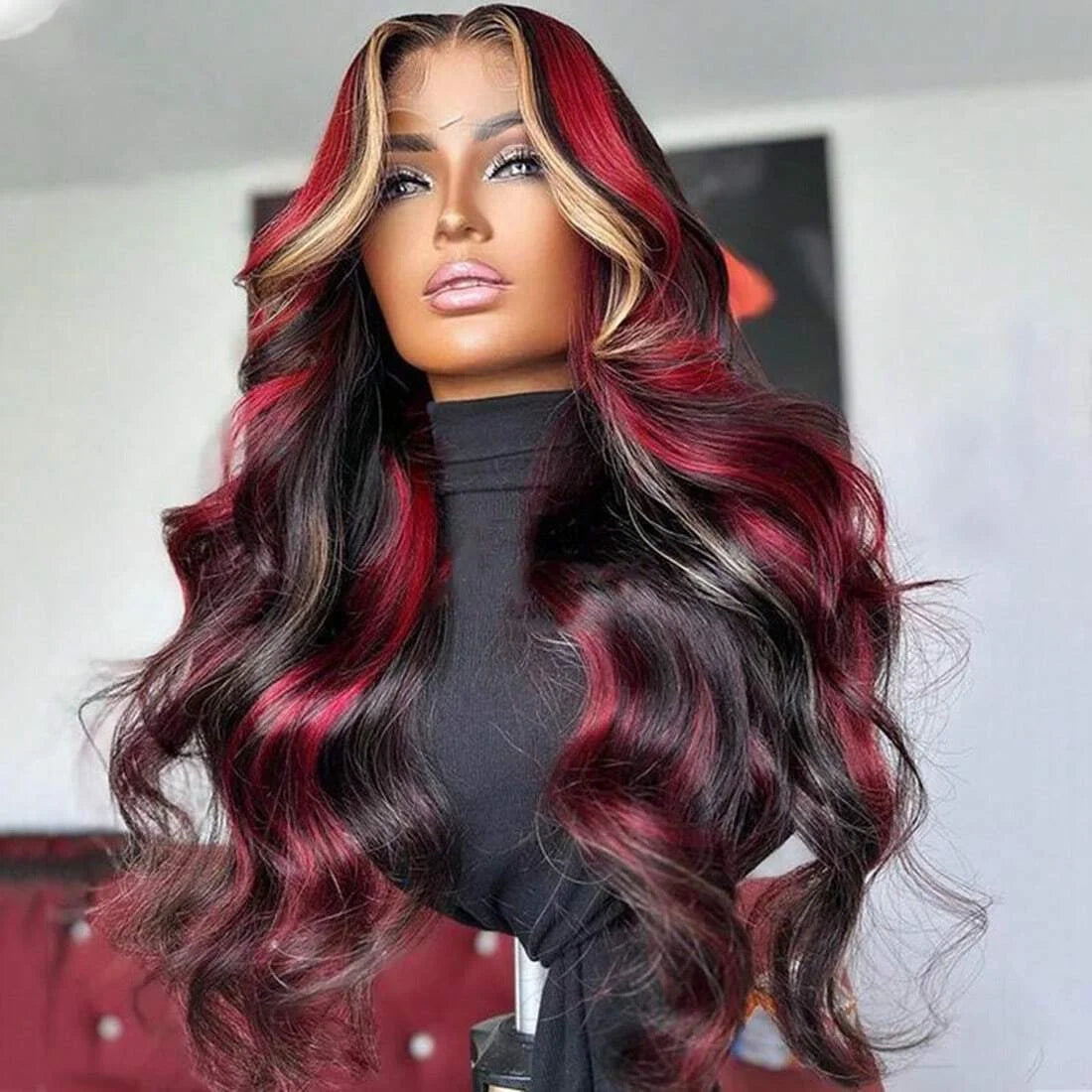 Highlight Black Red Blonde Wig Human Hair 5x5 Glueless Body Wave  Balayage Colored Wigs Human Hair Pre Plucked 180% Density
