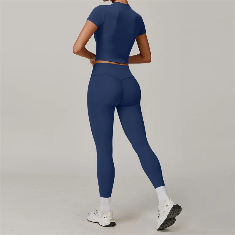 2 Pieces Women Yoga Set Workout Sportswear Gym Clothing Fitness Short Sleeve Crop Top High Waist Leggings Sport Suits