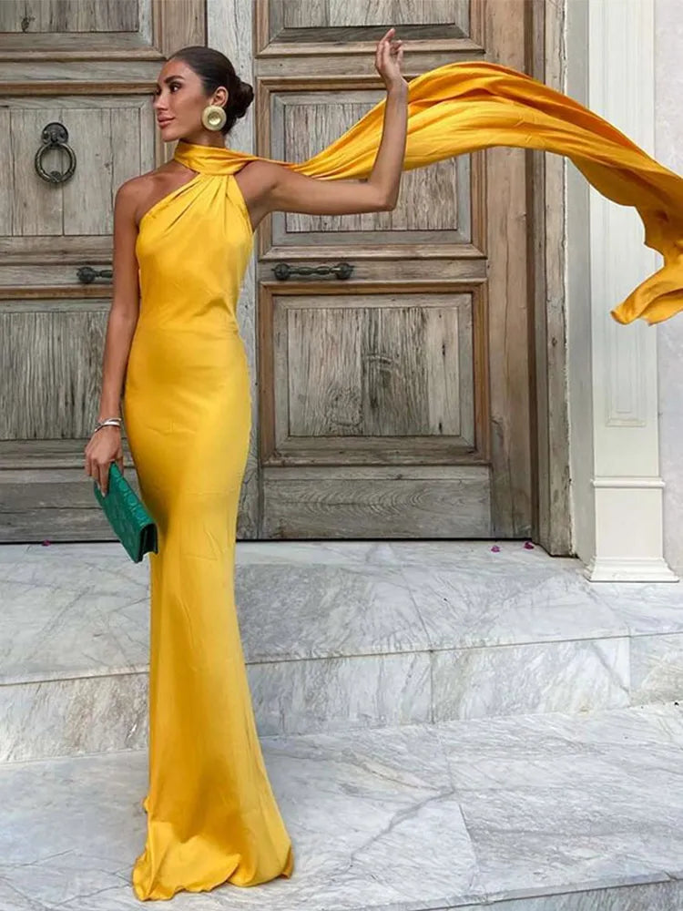 Elegant Ribbon Halter Dress Women Solid Off Shoulder Sleeveless Backless Slim Maxi Dresses 2026 Summer Autumn Party Robes Lady