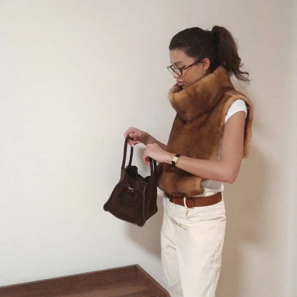 Casual Solid Faux Fur Vest Women Fashion Leisure Sleeveless High Collar Loose Waistcoat Lady Daily New Chic Highstreet Vests