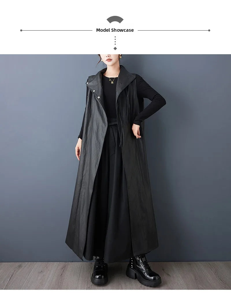 Casual Loose PU Leather Jaet Long Stand Collar Windbreaker Outerwear Faionable Design Sense Asymmetrical High-End Feeling