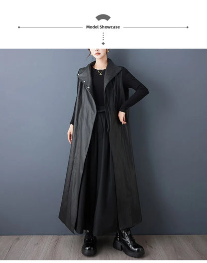 Casual Loose PU Leather Jaet Long Stand Collar Windbreaker Outerwear Faionable Design Sense Asymmetrical High-End Feeling