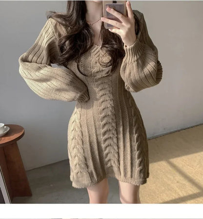 Korean Chic Autumn Gentle V-neck Linen Pattern Design Slimming Long Sleeve A- line Knitted Dress High Collar Ankle-length Dress