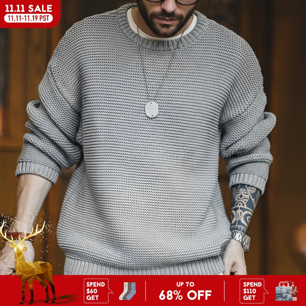 Maden Retro Heavyweight Knitted Sweater Loose Round Neck Pullover Warm Versatile Base Layer Knitwear for Men's Autumn and Winter