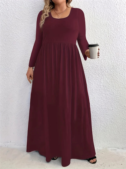 Plus Size  Europe and the United States  Fall and Winter Fashion Casual Solid Color Crew Neck Long Sleeve Dress