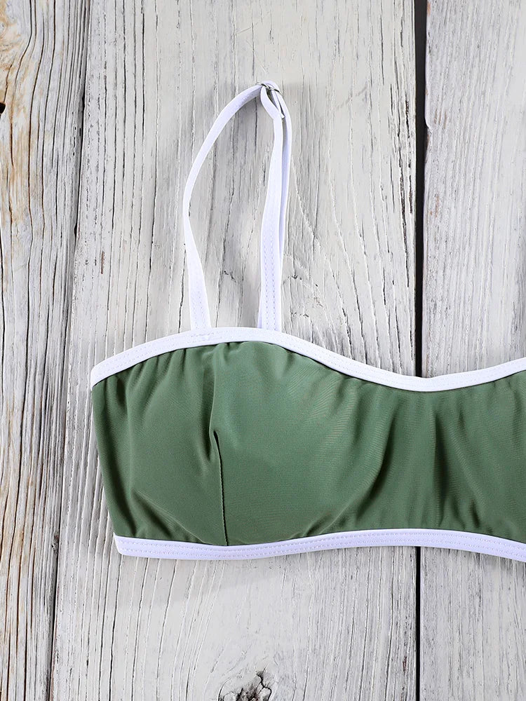 Bandeau Bikini 2025 Halter Bordered Swimsuits Women Bandage Swimwear Green Bathing Suit Sexy Biquini Mujer Low Waist Beach Wear