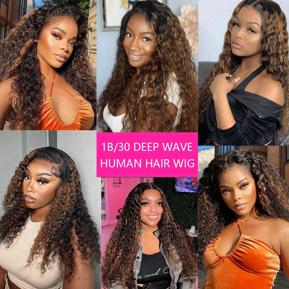 1B/30 Highlight Ombre Human Hair 13x4 Deep Wave Colored Lace Front Wigs Human Hair Pre Plucked with Baby Hair 180 Density