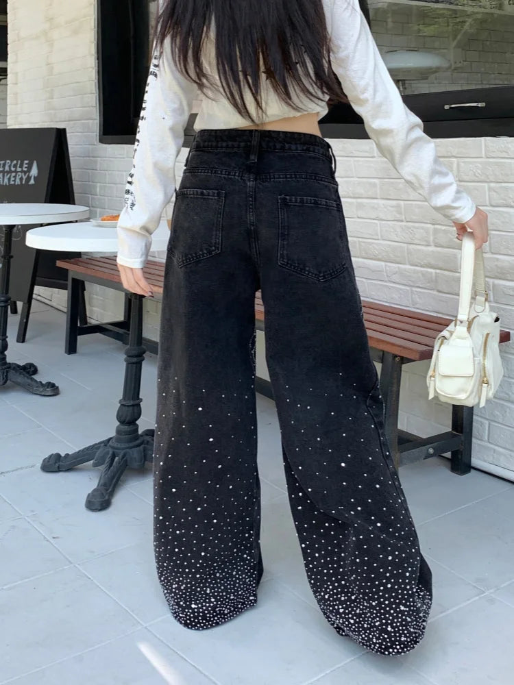 2025/2026 Ropa Y2K Style Baggy Hot Fix Rhinestone Baggy Stacked Jeans Pants For Women Clothing Wide Leg Luxury Gothic Lady Trousers