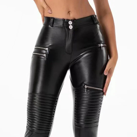 Women Punk Faux Leather Moto Pants High Waist Bodycon Stretchy Slim PU Trousers Streetwear Hip Pop Zip Pants Clubwear Custom