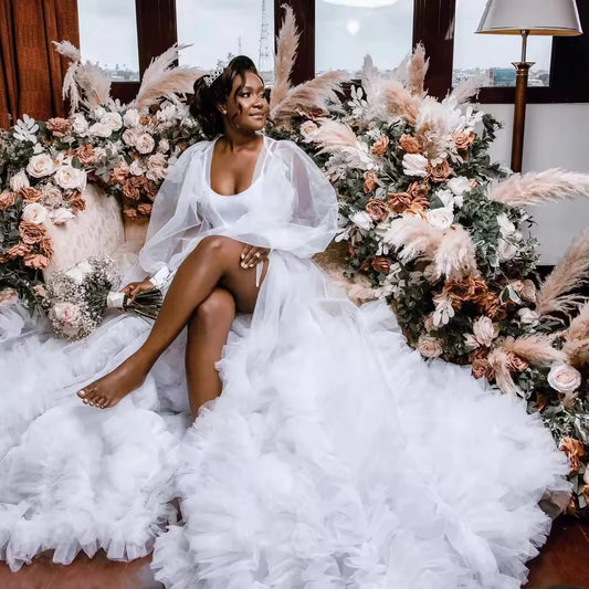 Puffy Wedding Robe Tulle Long Sleeves Ruffles Bathrobe Bride Women Gowns Bridal Boudoir Maternity Prom Dress Photoshoot
