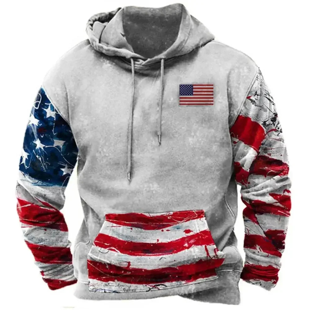 Fashionable American Flag Printed Men's Hoodie Trendy Harajuku Retro Clothing Spring and Autumn New Hoodie Sportswear