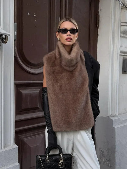 Solid Faux Fur Vest Crop Top Women Fashion Turtleneck Fluffy Short Tank Tops 2025 Winter Female Elegant Sleeveless Jacket Coat
