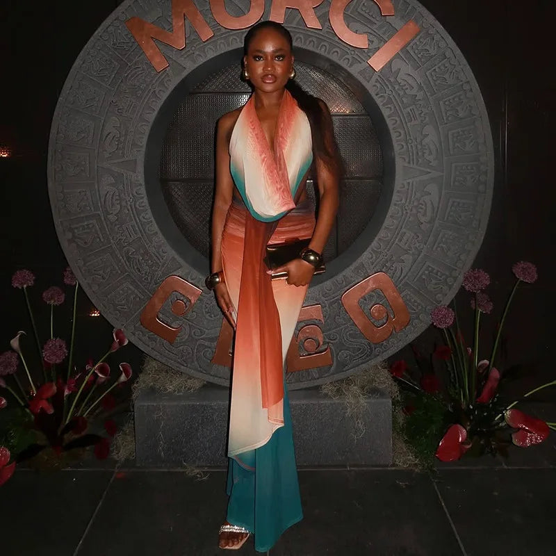 VEITCHE Summer Women Print Mesh Sexy Halter Skirt 2 Pieces Sets Off-shoulder Sleeveless Backless Tops And Skirt Two Pieces Sets