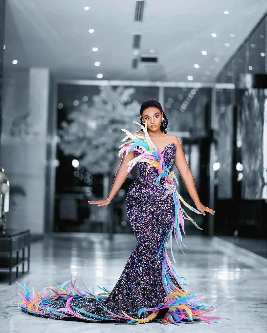 Sparkle African American Prom Dresses Mermaid Sequins Feather Black Girls Nigeria Saudi Arabia Evening Dresses Gown Customized