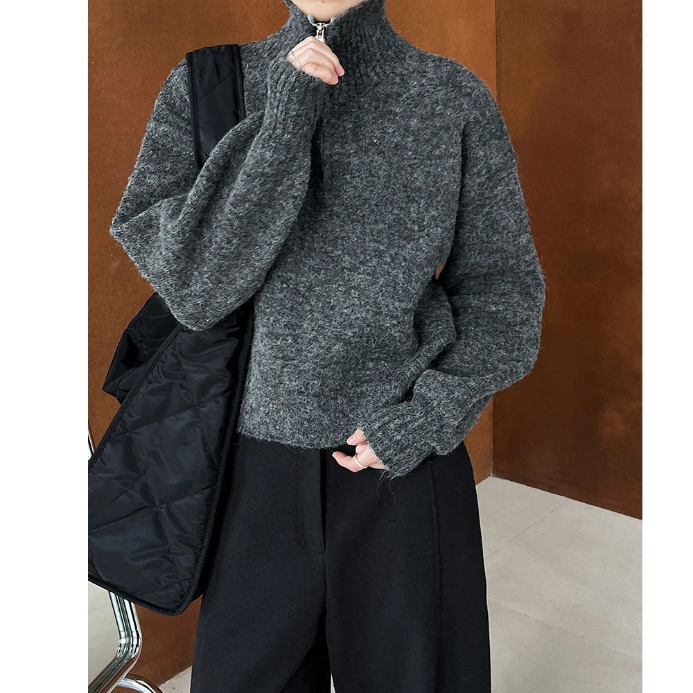 2026 Women Turn Down Collar Sweater Long Sleeve Zipper Design Warm Cardigans Clothes Tops For Women Winter Sweater Pull Femme