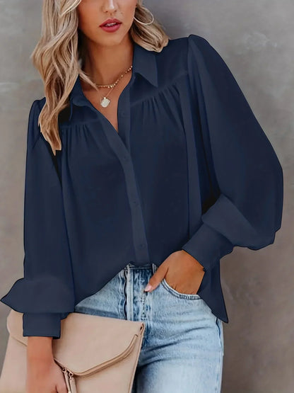 Women Fashion Plus Size 1XL-5XL Basic Blouse Ladoes Solid Button Up Lantern Sleeve Turn Down Collar Blouse Shirt