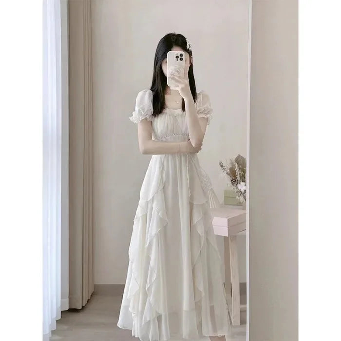 French Style White Fairy Dress Women's Summer 2025 New Super Fairy Princess Gown Gentle Wind Long Skirt Elegant Sensation