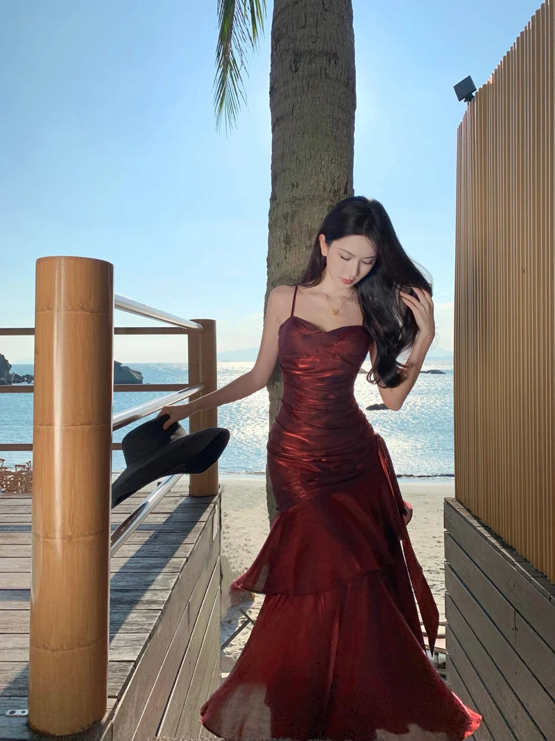 Sexy Solid Spaghetti Strap Sleeveless Evening Dresses Elegant Ruffles Party Long Dress For Women Summer Slim Beach New Vestidos