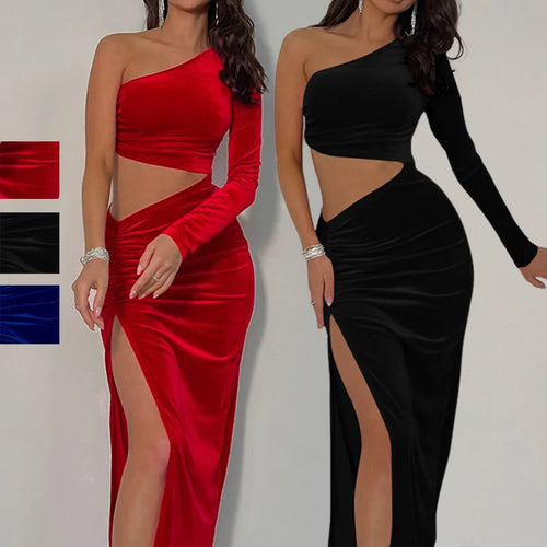 Y2K Diagonal Collar Dress for Women Vintage Black Dresses Single Shoulder Sleeve Tops Dew Waist Skirt Spring Summer Outfit