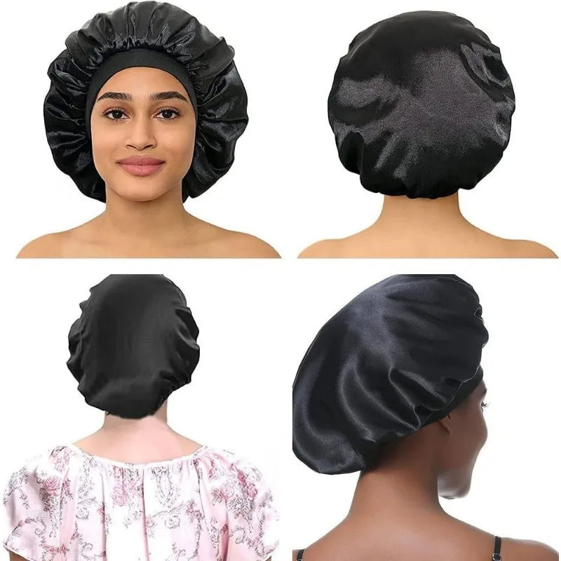 Women Satin Bonnet Hair Bonnet for Sleeping Hair Care Silk Bonnets Solid Wide-brimmed Sleeping Hat with Elastic Soft Band