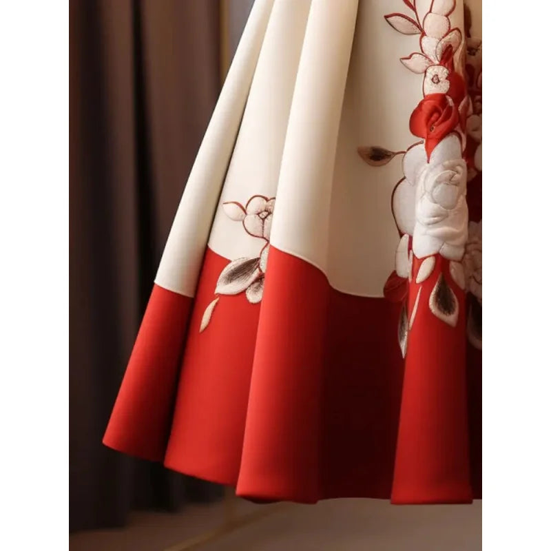 Vintage Red Flower Print Skirt for Women Y2k Slim Waist Mid-length Loose Faldas Mujer 2026 Spring New Skirt for Women