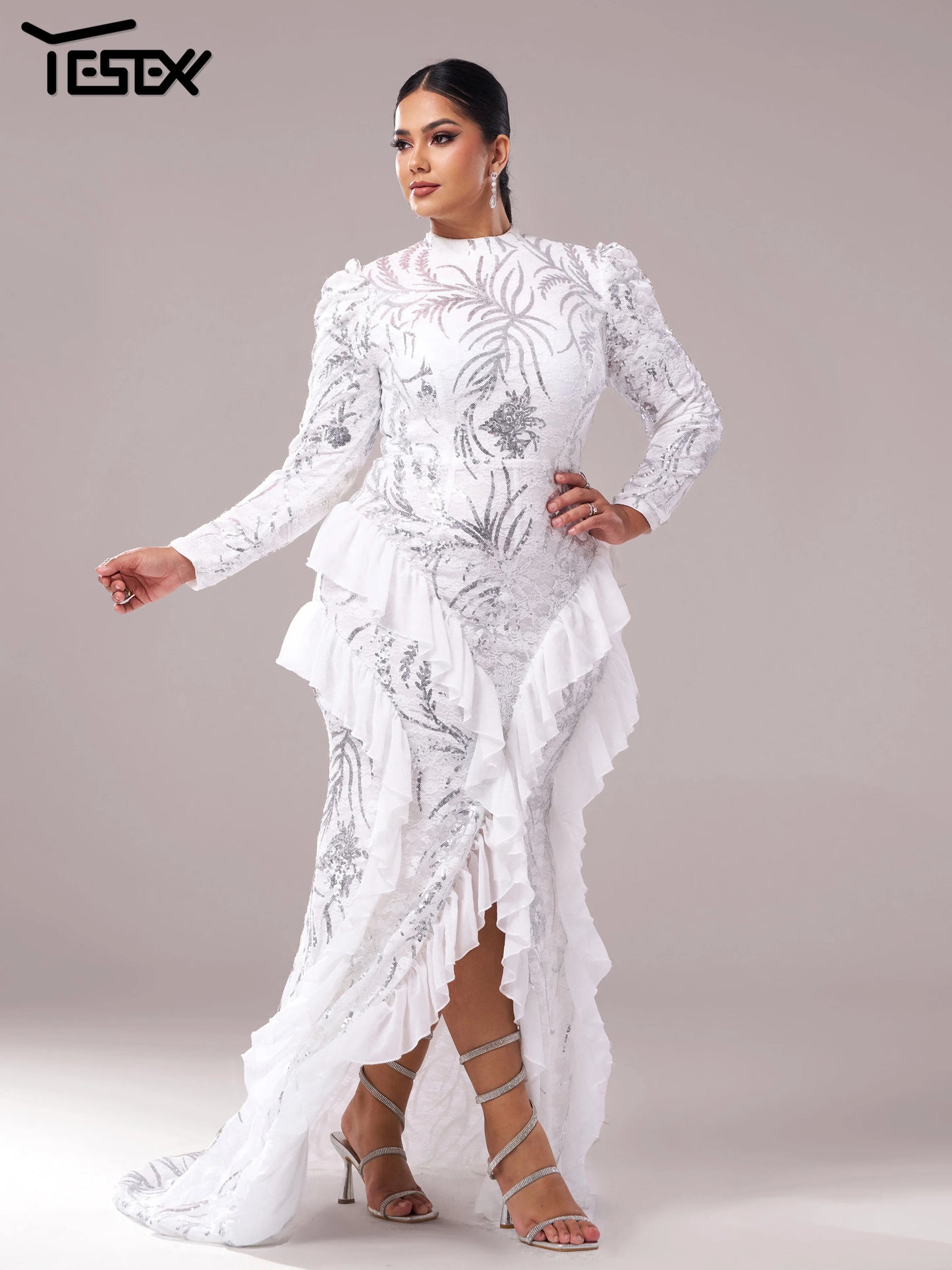 Yesexy Plus Size Elegant Beautiful Women Round Neck Long Sleeved Split Evening Gown Wedding Birthday Party Formal Occasion Dress