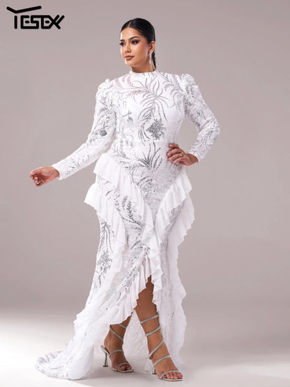 Yesexy Plus Size Elegant Beautiful Women Round Neck Long Sleeved Split Evening Gown Wedding Birthday Party Formal Occasion Dress