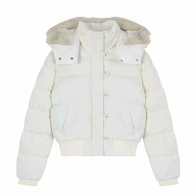 Autumn Winter Fur Hooded Jacket Women Outerwear Thick Dowon Cotton Padded Slim Short Parkas Female Cropped Puffer Bubble Coat