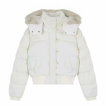 Autumn Winter Fur Hooded Jacket Women Outerwear Thick Dowon Cotton Padded Slim Short Parkas Female Cropped Puffer Bubble Coat