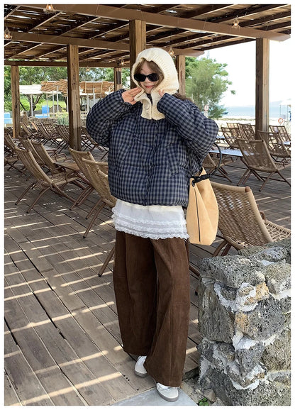 MEXZT Short Plaid Parkas Women Streetwear Stand Collar Puffer Jacket Winter Korean Down Coats Fashion Cotton Padded Outerwears