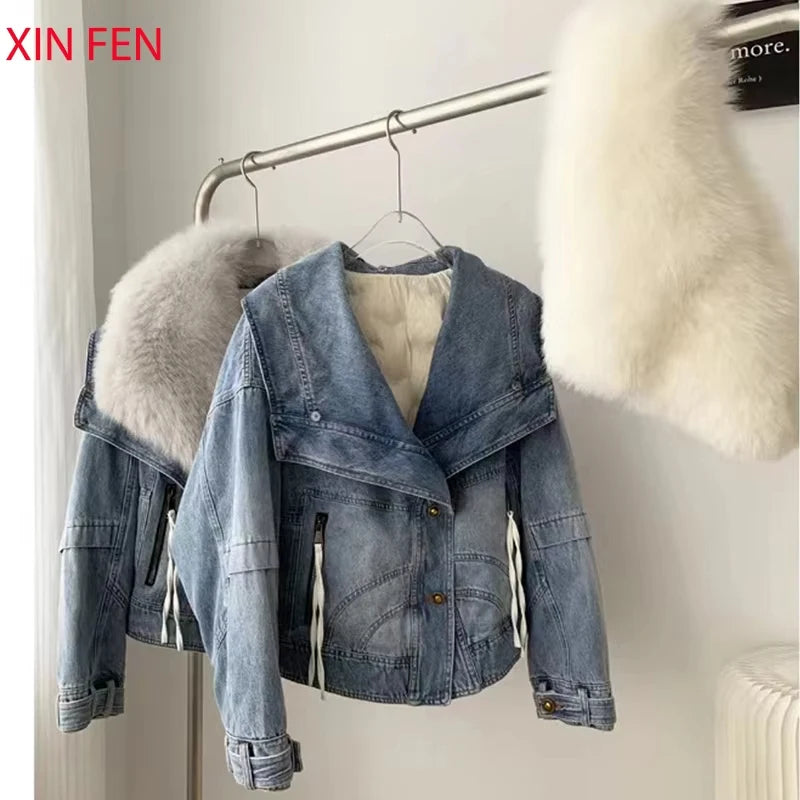 Womens Coats Spring New 100%Natural Real Fox Fur Collar Fashion Short Denim Jacket Luxury Goose Down Puffer Jackets Clothing