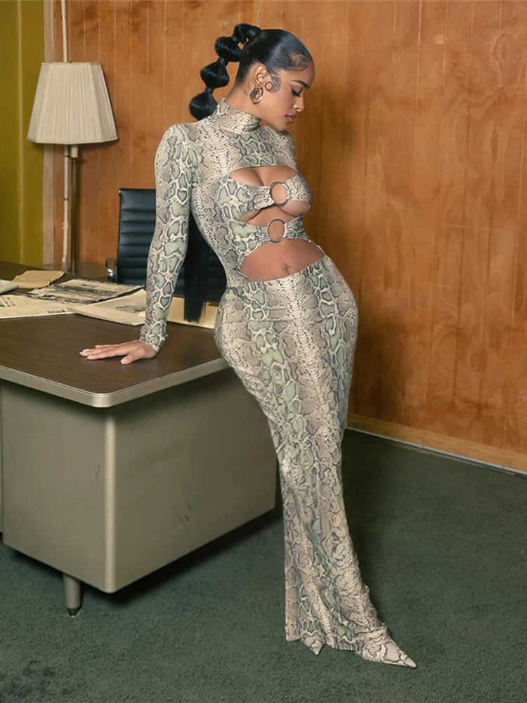 Nibber Hipster Maxi Dress Sexy Snakeskin Print Women Chest Hollow Metal Ring Turtleneck Peach Hip Street Stretch Skinny Vestidos