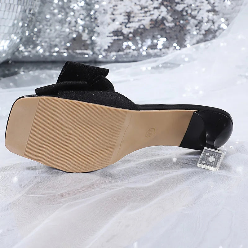 Pink Bowtie Decor High Heels Sandals for Women 2025 Summer Light Square Toe Slippers Fashion Plus Size Thin Heeled Party Shoes
