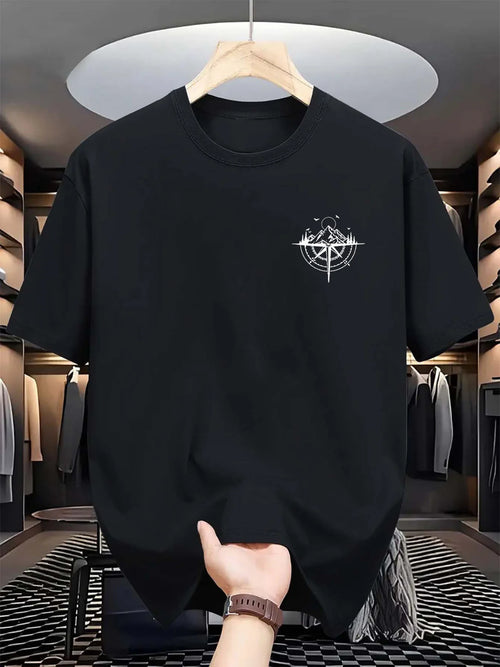 Summer Men's 100% Cotton Mountain Compass Graphic Printed Casual Loose Sports Comfortable Round Neck Short Sleeve T-shirt Top