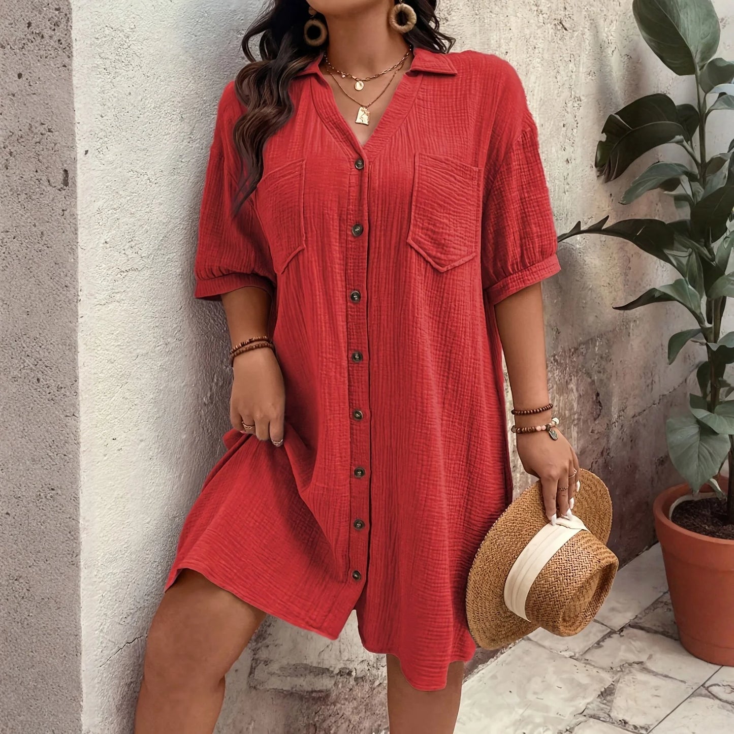 New Women'S Fashion Casual Solid Color Buttoned Mid-Length Short Sleeve Loose Dress Vestidos Para Mujer Ropa De Mujer 신상원피스
