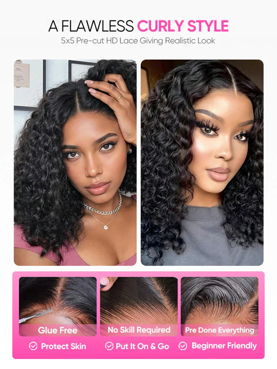 4x4 Put On And Go Glueless Bob Wigs Human Hair Curly For Women Pre Plucked Pre Cut Lace Ready To Wear Deep Wave Lace Front Wig