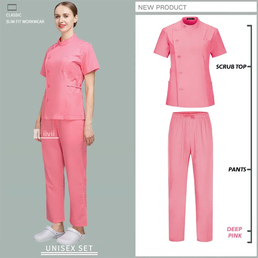 Button Closure and waist retraction Scrub Set Medical Uniforms Nurse Clothes Women Round Neck Surgical Workwear Pair Dental Suit