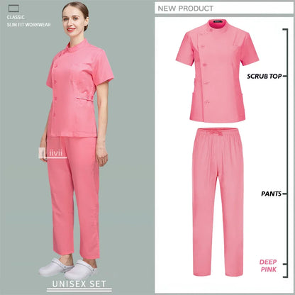 Button Closure and waist retraction Scrub Set Medical Uniforms Nurse Clothes Women Round Neck Surgical Workwear Pair Dental Suit