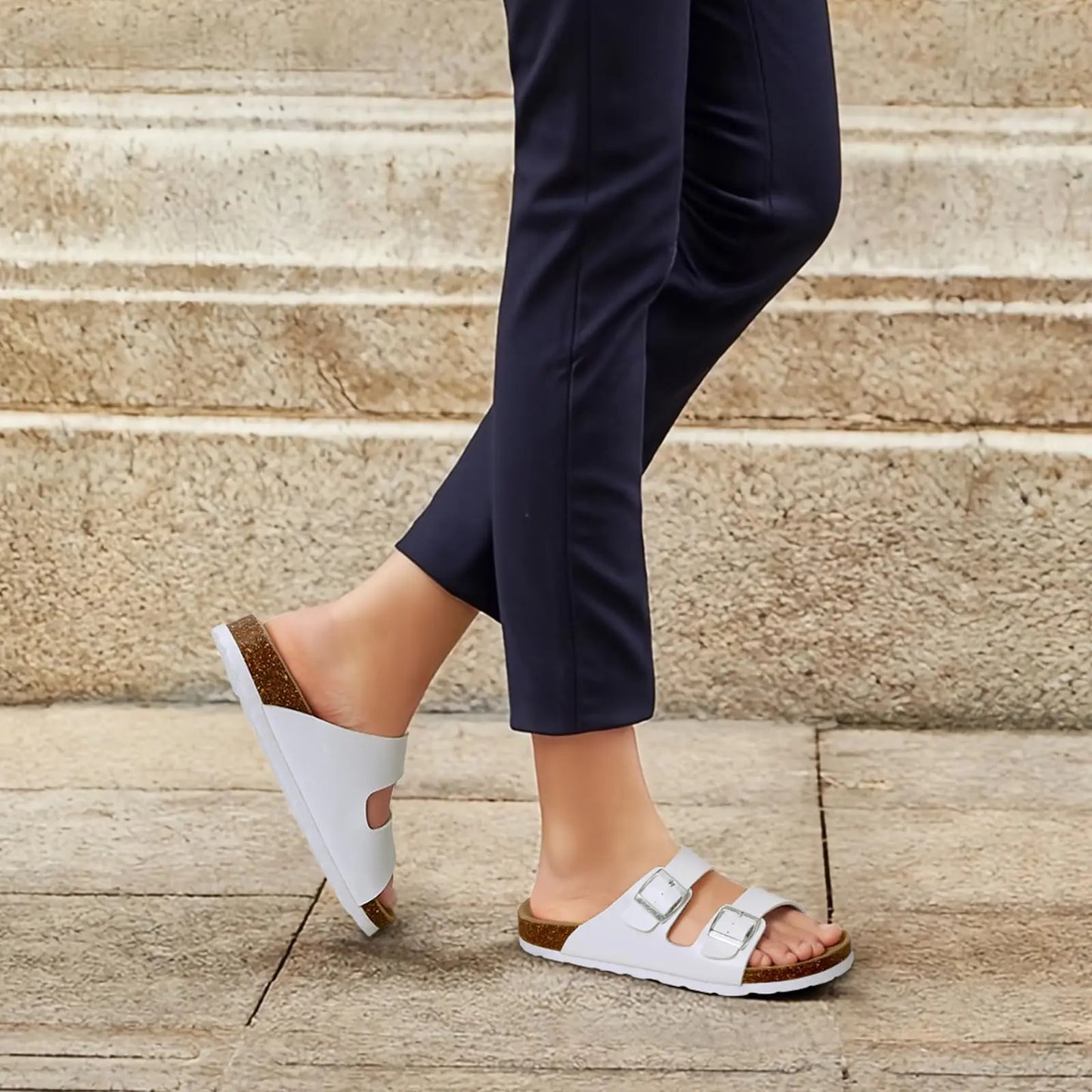 Comwarm Fashion Men Leather Sandals Summer Cork Footbed Slide Sandals Beach Sandals Unisex Brand Sandals with Adjustable Buckle