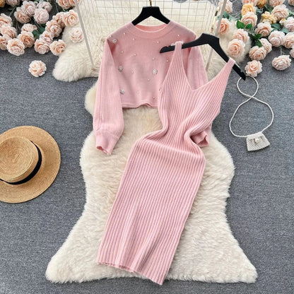 Autumn Winter Slimming Knitted Sweater Dress Set Women's Mid-Length Base Layer Knee-Over Bottoming Dresses Fashionable