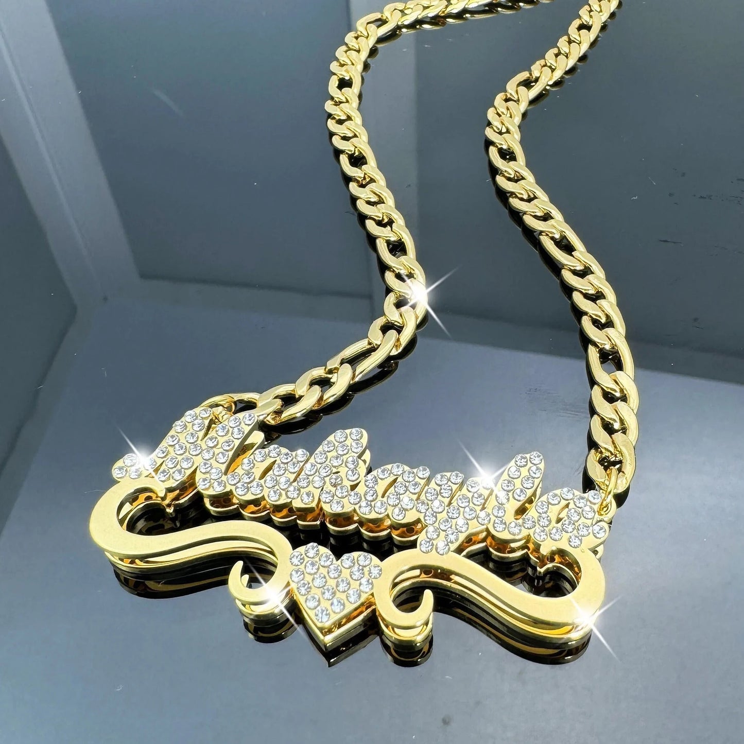 Qitian Personalized Name Necklace With Heart For Women Custom Gold Stainless Steel BlingBling Pendant Custom Iced Out Necklaces