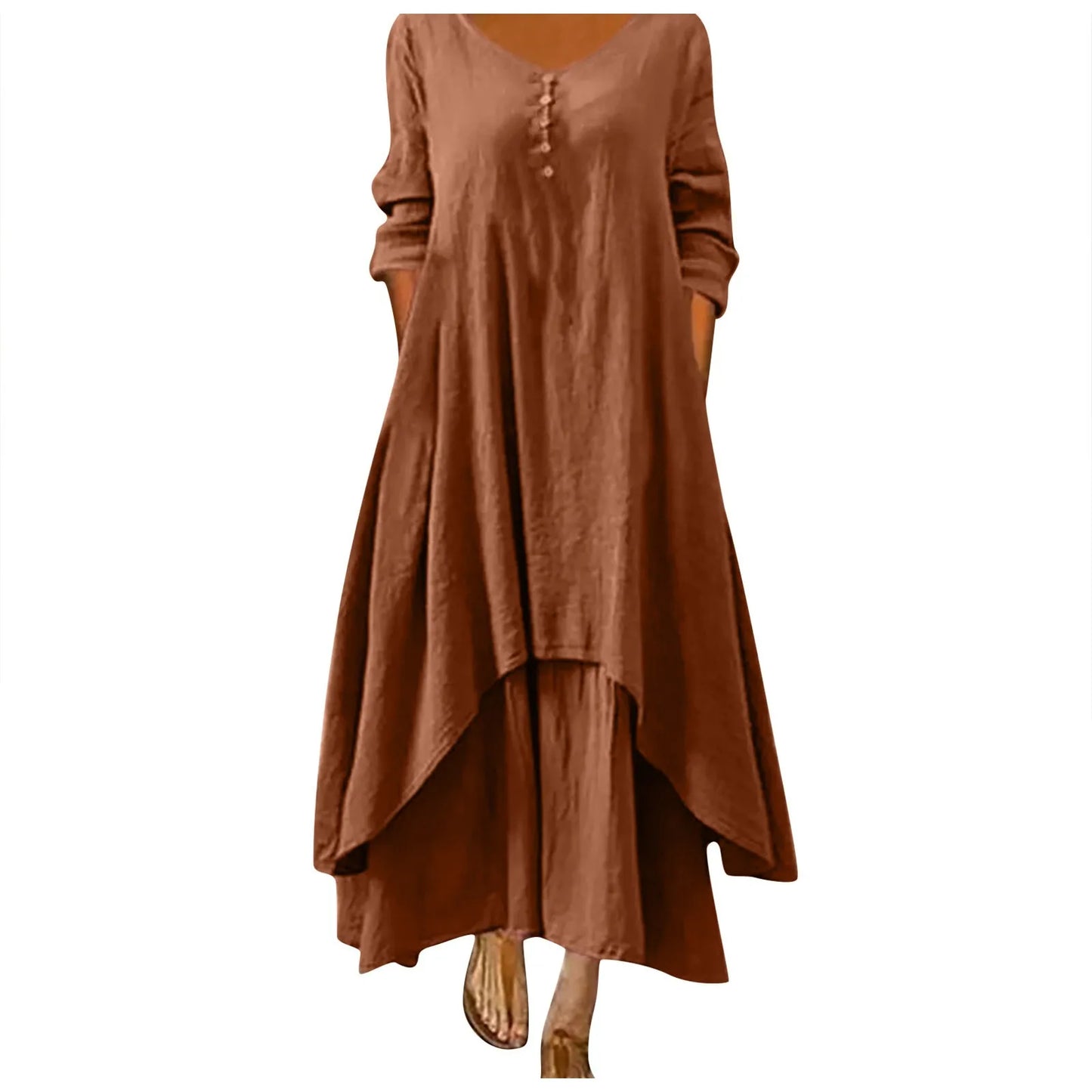 Women Elegant Linen Ginger Dresses Bohemia Layering Vintage Robe Long Sleeve Loose Long Dress Female Autumn Vestidos