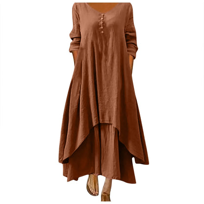 Women Elegant Linen Ginger Dresses Bohemia Layering Vintage Robe Long Sleeve Loose Long Dress Female Autumn Vestidos