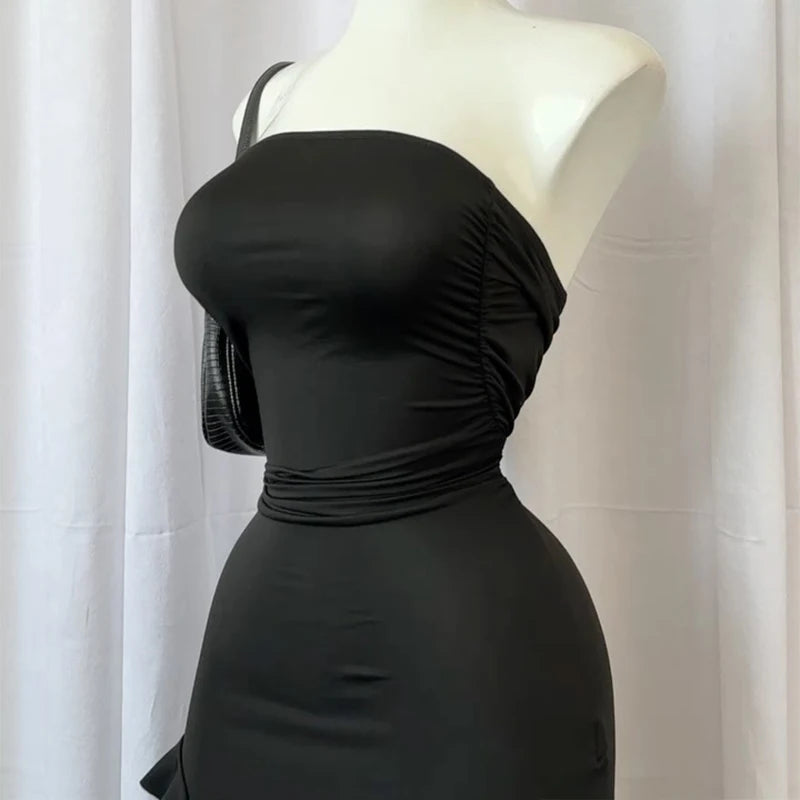 Women Strapless Sexy Floral Fold Hemline High Slit Mini Dress 2025 $ 2026 Solid Backless Sleeveless Black And Pink Party Dress Vestidos