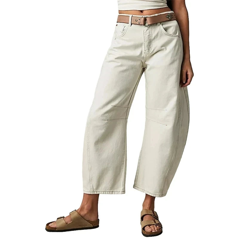 Midiross High Stretch Mid-Rise Barrel Jeans Fashion wide Leg Shape Women Casual Baggy Mid Waist Denim Pants