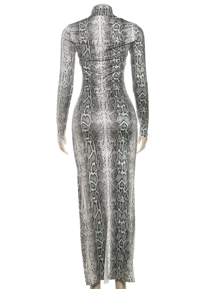 Nibber Hipster Maxi Dress Sexy Snakeskin Print Women Chest Hollow Metal Ring Turtleneck Peach Hip Street Stretch Skinny Vestidos