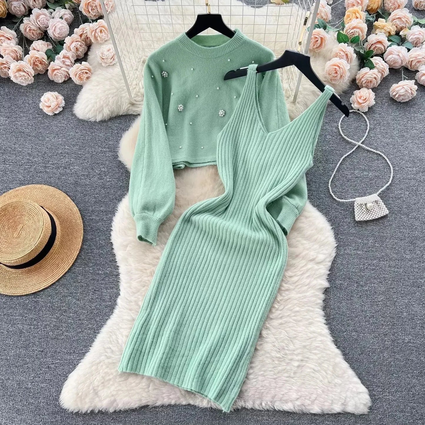 Autumn Winter Slimming Knitted Sweater Dress Set Women's Mid-Length Base Layer Knee-Over Bottoming Dresses Fashionable