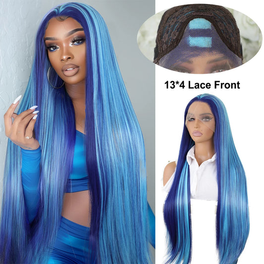 Highlight Blue Ombre Color 13X4 HD Lace Frontal Synthetic Wigs Women Cosplay Straight Prepluck Bleach Knots Baby Hair Glueless